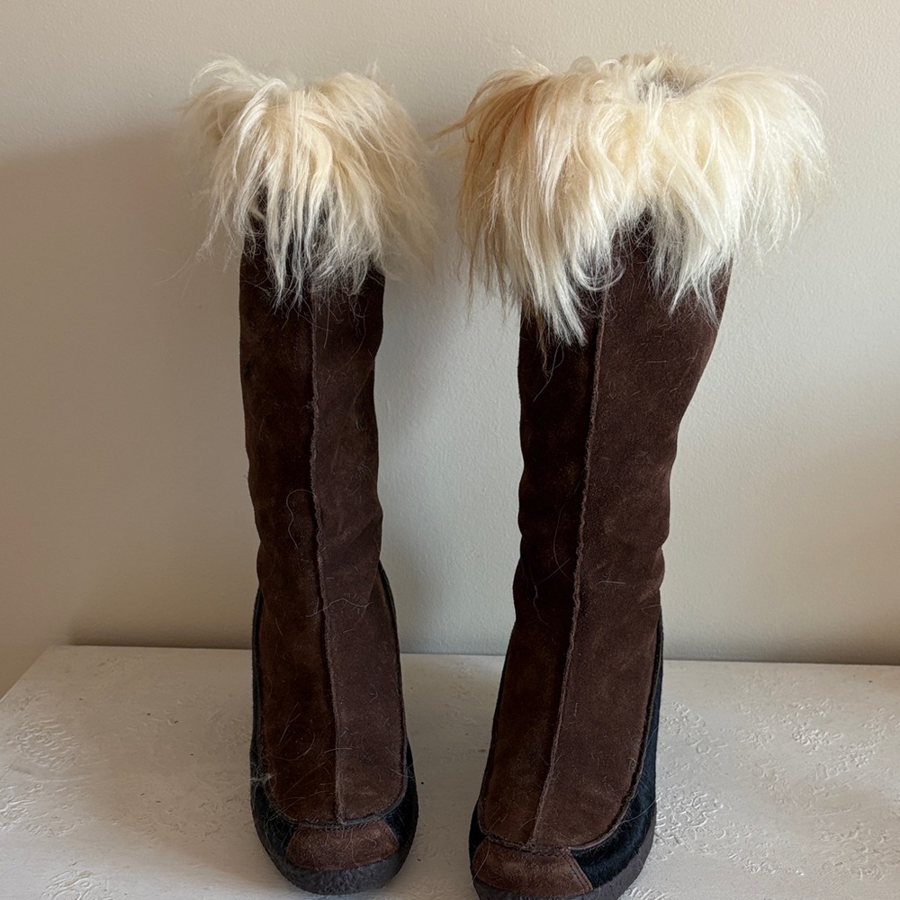 Calvin Klein Brown and Cream Fur-Trimmed Wedges